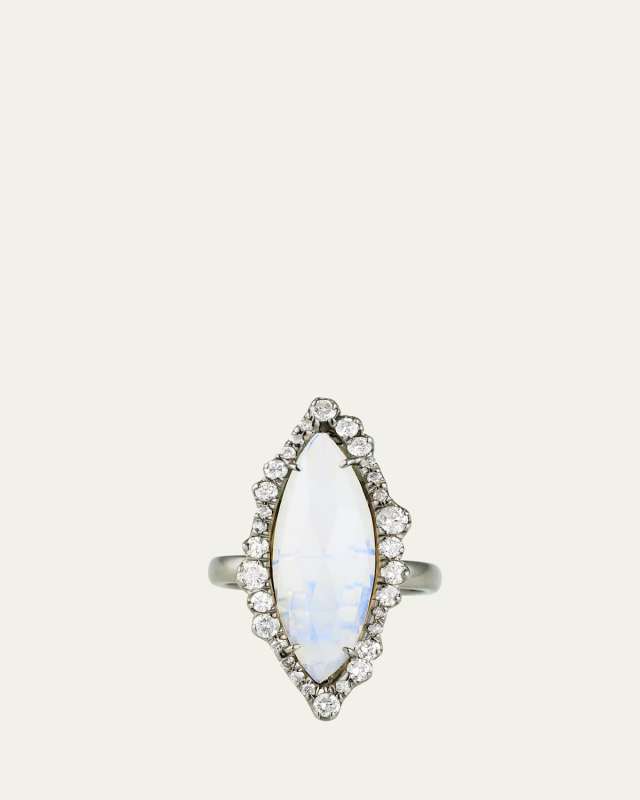 18K Gold Facetted White Opal and Diamond Ring, Size 6.5